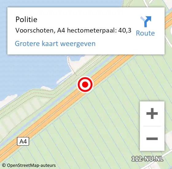 Locatie op kaart van de 112 melding: Politie Voorschoten, A4 hectometerpaal: 40,3 op 20 mei 2023 03:16