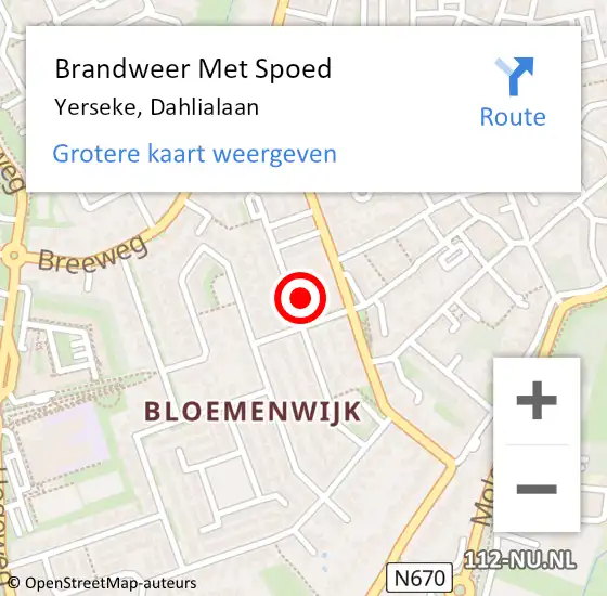 Locatie op kaart van de 112 melding: Brandweer Met Spoed Naar Yerseke, Dahlialaan op 20 mei 2023 03:59