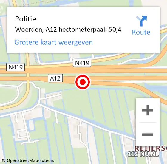 Locatie op kaart van de 112 melding: Politie Woerden, A12 hectometerpaal: 50,4 op 20 mei 2023 05:04