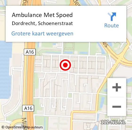 Locatie op kaart van de 112 melding: Ambulance Met Spoed Naar Dordrecht, Schoenerstraat op 20 mei 2023 08:40