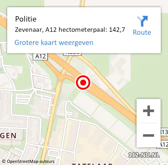 Locatie op kaart van de 112 melding: Politie Zevenaar, A12 hectometerpaal: 142,7 op 20 mei 2023 11:47