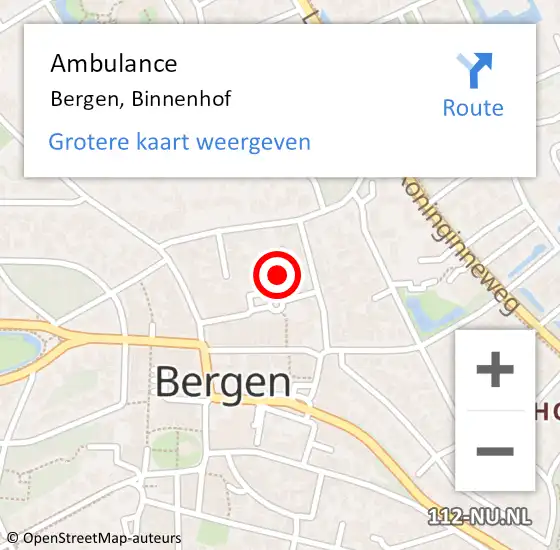 Locatie op kaart van de 112 melding: Ambulance Bergen, Binnenhof op 20 mei 2023 12:21