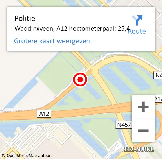 Locatie op kaart van de 112 melding: Politie Waddinxveen, A12 hectometerpaal: 25,4 op 20 mei 2023 12:43