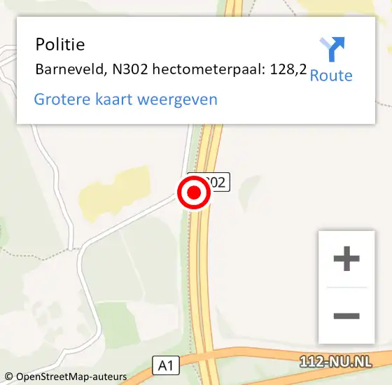 Locatie op kaart van de 112 melding: Politie Barneveld, N302 hectometerpaal: 128,2 op 20 mei 2023 13:36