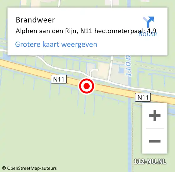 Locatie op kaart van de 112 melding: Brandweer Alphen aan den Rijn, N11 hectometerpaal: 4,9 op 20 mei 2023 13:43
