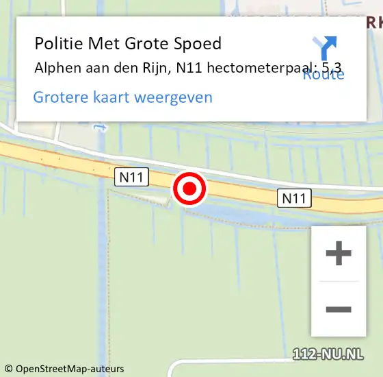 Locatie op kaart van de 112 melding: Politie Met Grote Spoed Naar Alphen aan den Rijn, N11 hectometerpaal: 5,3 op 20 mei 2023 14:11