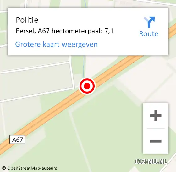Locatie op kaart van de 112 melding: Politie Eersel, A67 hectometerpaal: 7,1 op 20 mei 2023 14:41