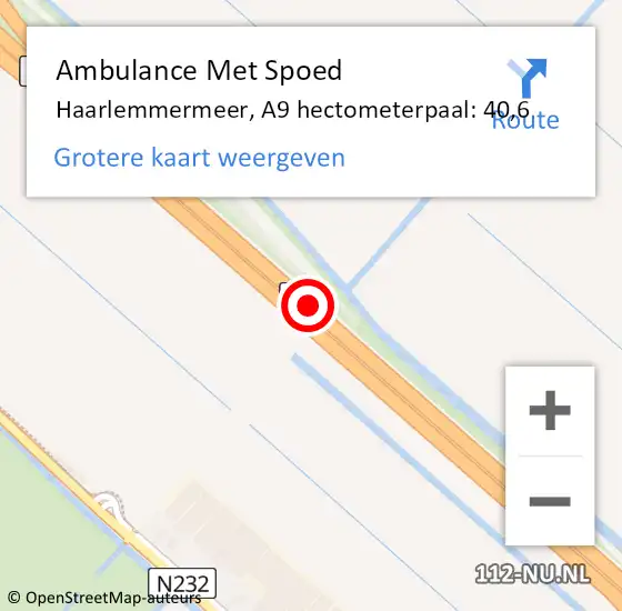 Locatie op kaart van de 112 melding: Ambulance Met Spoed Naar Haarlemmermeer, A9 hectometerpaal: 40,6 op 20 mei 2023 14:52