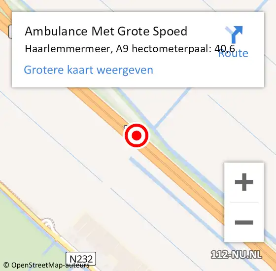 Locatie op kaart van de 112 melding: Ambulance Met Grote Spoed Naar Haarlemmermeer, A9 hectometerpaal: 40,6 op 20 mei 2023 14:54