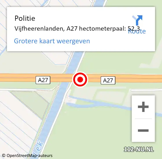 Locatie op kaart van de 112 melding: Politie Vijfheerenlanden, A27 hectometerpaal: 52,3 op 20 mei 2023 15:46