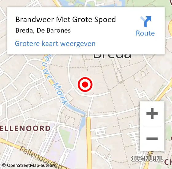 Locatie op kaart van de 112 melding: Brandweer Met Grote Spoed Naar Breda, De Barones op 20 mei 2023 15:47