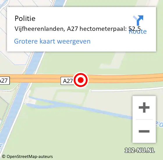 Locatie op kaart van de 112 melding: Politie Vijfheerenlanden, A27 hectometerpaal: 52,5 op 20 mei 2023 16:19