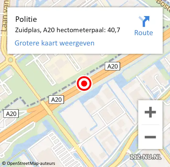 Locatie op kaart van de 112 melding: Politie Zuidplas, A20 hectometerpaal: 40,7 op 20 mei 2023 17:01