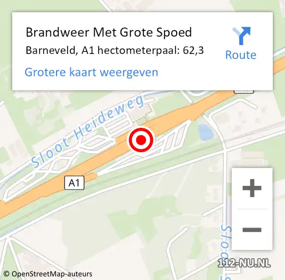 Locatie op kaart van de 112 melding: Brandweer Met Grote Spoed Naar Barneveld, A1 hectometerpaal: 62,3 op 20 mei 2023 18:26