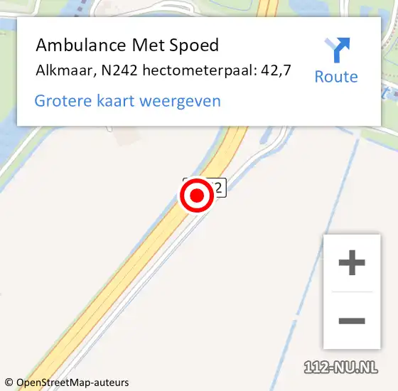 Locatie op kaart van de 112 melding: Ambulance Met Spoed Naar Alkmaar, N242 hectometerpaal: 42,7 op 20 mei 2023 19:09