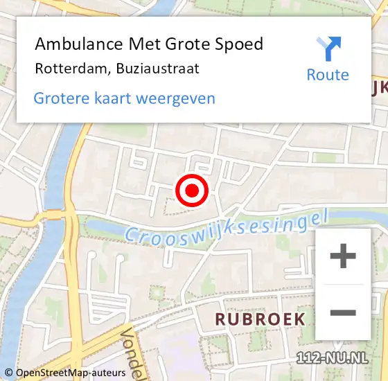 Locatie op kaart van de 112 melding: Ambulance Met Grote Spoed Naar Rotterdam, Buziaustraat op 20 mei 2023 19:59