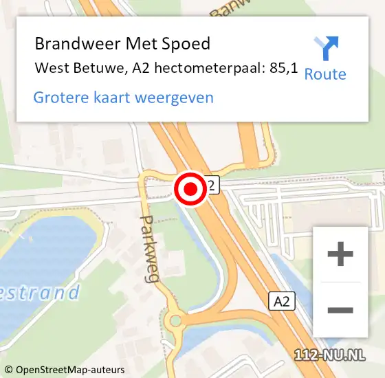 Locatie op kaart van de 112 melding: Brandweer Met Spoed Naar West Betuwe, A2 hectometerpaal: 85,1 op 20 mei 2023 20:31