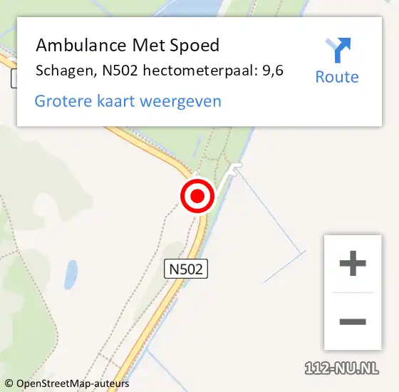 Locatie op kaart van de 112 melding: Ambulance Met Spoed Naar Schagen, N502 hectometerpaal: 9,6 op 20 mei 2023 20:43