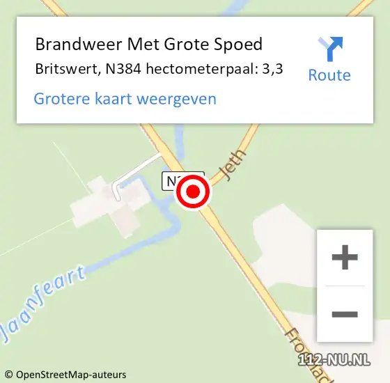 Locatie op kaart van de 112 melding: Brandweer Met Grote Spoed Naar Britswert, N384 hectometerpaal: 3,3 op 26 augustus 2014 07:57