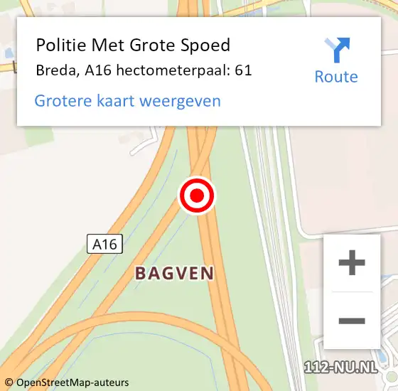 Locatie op kaart van de 112 melding: Politie Met Grote Spoed Naar Breda, A16 hectometerpaal: 61 op 20 mei 2023 22:29