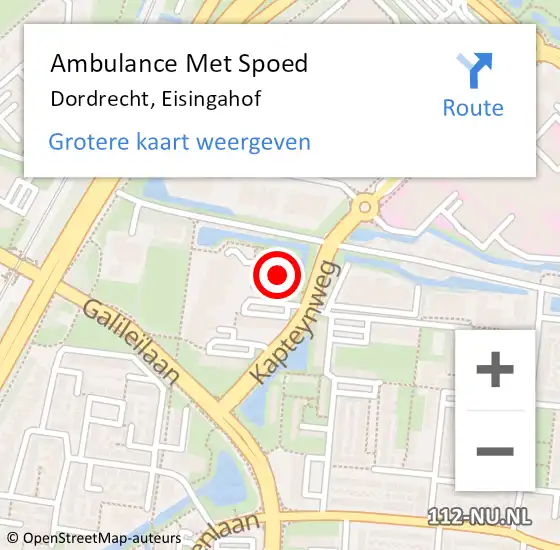 Locatie op kaart van de 112 melding: Ambulance Met Spoed Naar Dordrecht, Eisingahof op 21 mei 2023 00:03