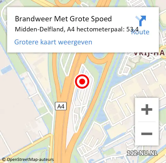 Locatie op kaart van de 112 melding: Brandweer Met Grote Spoed Naar Midden-Delfland, A4 hectometerpaal: 53,4 op 21 mei 2023 02:56