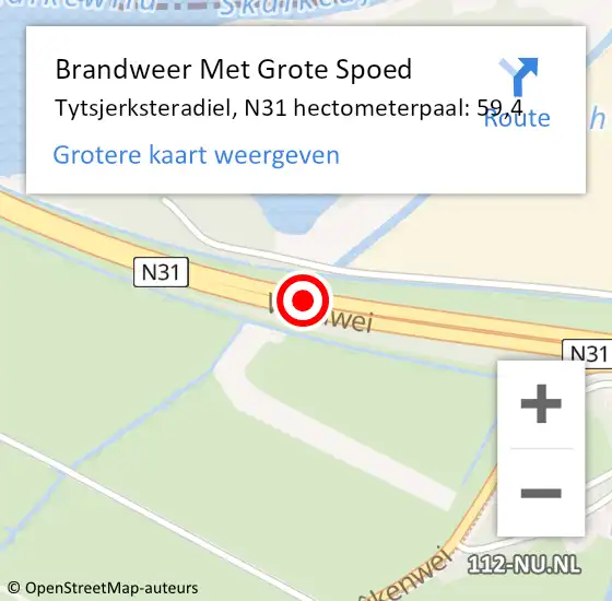 Locatie op kaart van de 112 melding: Brandweer Met Grote Spoed Naar Tytsjerksteradiel, N31 hectometerpaal: 59,4 op 21 mei 2023 07:57