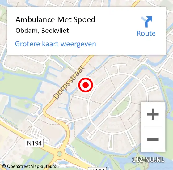 Locatie op kaart van de 112 melding: Ambulance Met Spoed Naar Obdam, Beekvliet op 21 mei 2023 08:47