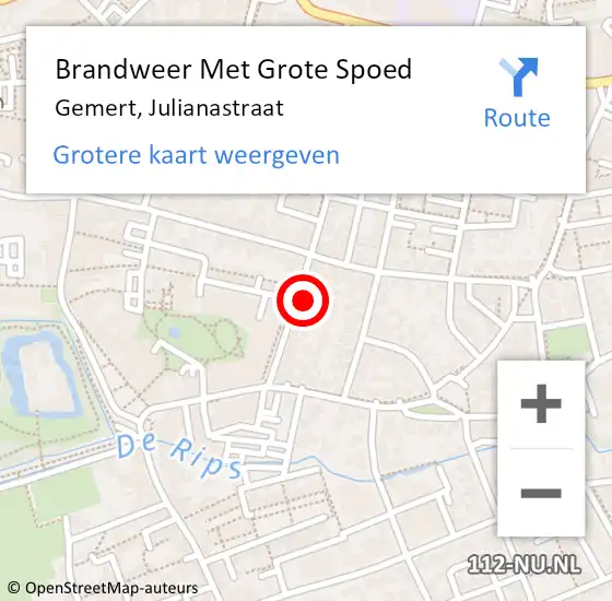 Locatie op kaart van de 112 melding: Brandweer Met Grote Spoed Naar Gemert, Julianastraat op 21 mei 2023 10:23