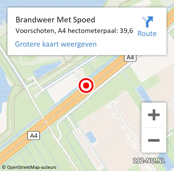 Locatie op kaart van de 112 melding: Brandweer Met Spoed Naar Voorschoten, A4 hectometerpaal: 39,6 op 21 mei 2023 15:00