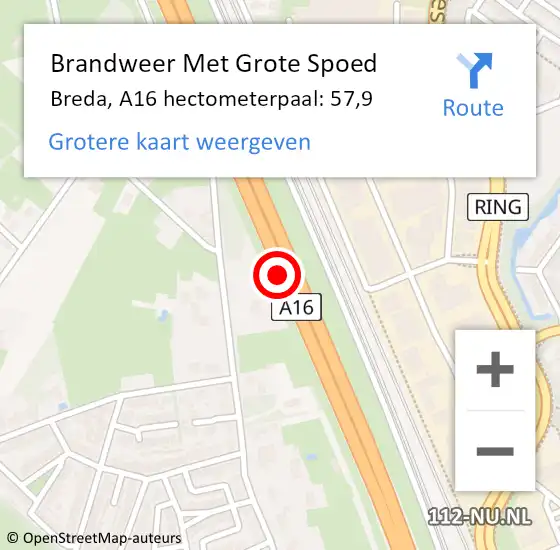 Locatie op kaart van de 112 melding: Brandweer Met Grote Spoed Naar Breda, A16 hectometerpaal: 57,9 op 21 mei 2023 18:45