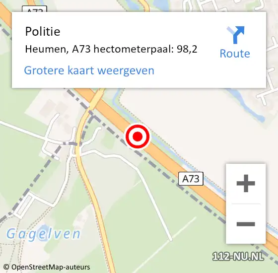 Locatie op kaart van de 112 melding: Politie Heumen, A73 hectometerpaal: 98,2 op 22 mei 2023 03:19