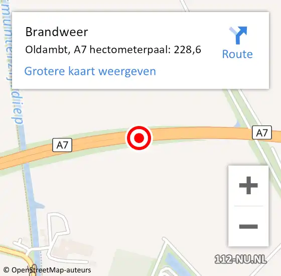 Locatie op kaart van de 112 melding: Brandweer Oldambt, A7 hectometerpaal: 228,6 op 22 mei 2023 05:13
