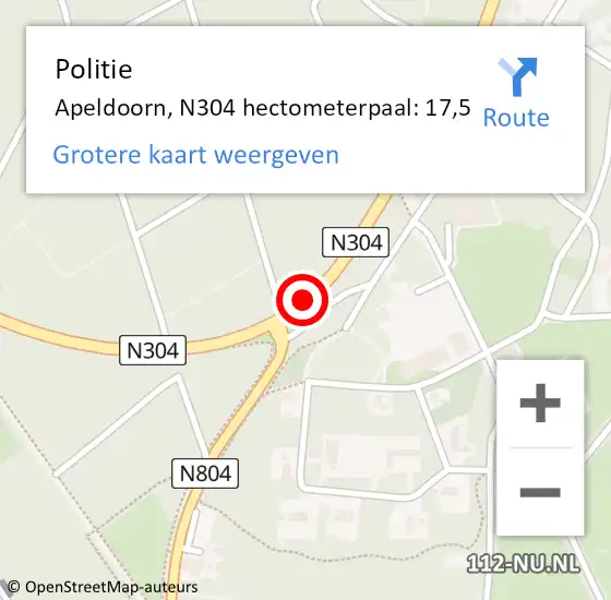Locatie op kaart van de 112 melding: Politie Apeldoorn, N304 hectometerpaal: 17,5 op 22 mei 2023 06:17