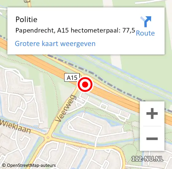 Locatie op kaart van de 112 melding: Politie Papendrecht, A15 hectometerpaal: 77,5 op 22 mei 2023 06:26