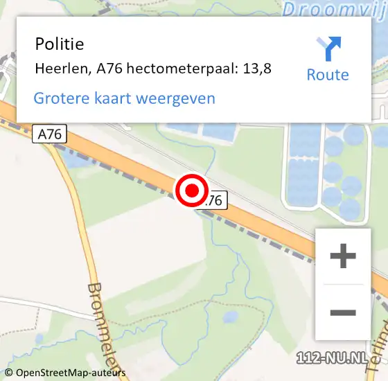 Locatie op kaart van de 112 melding: Politie Heerlen, A76 hectometerpaal: 13,8 op 22 mei 2023 06:31