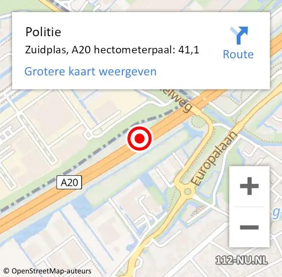 Locatie op kaart van de 112 melding: Politie Zuidplas, A20 hectometerpaal: 41,1 op 22 mei 2023 07:15