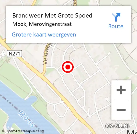 Locatie op kaart van de 112 melding: Brandweer Met Grote Spoed Naar Mook, Merovingenstraat op 22 mei 2023 11:20