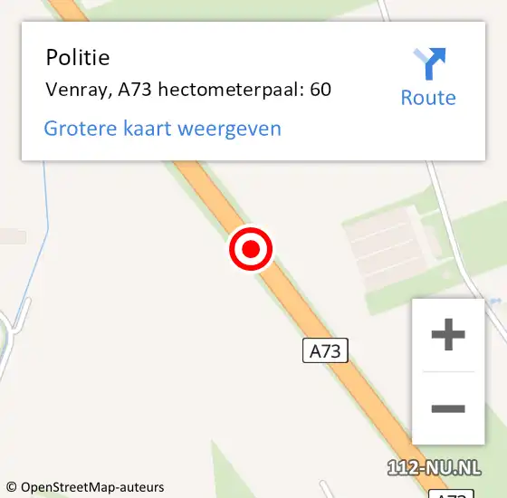Locatie op kaart van de 112 melding: Politie Venray, A73 hectometerpaal: 60 op 22 mei 2023 12:15