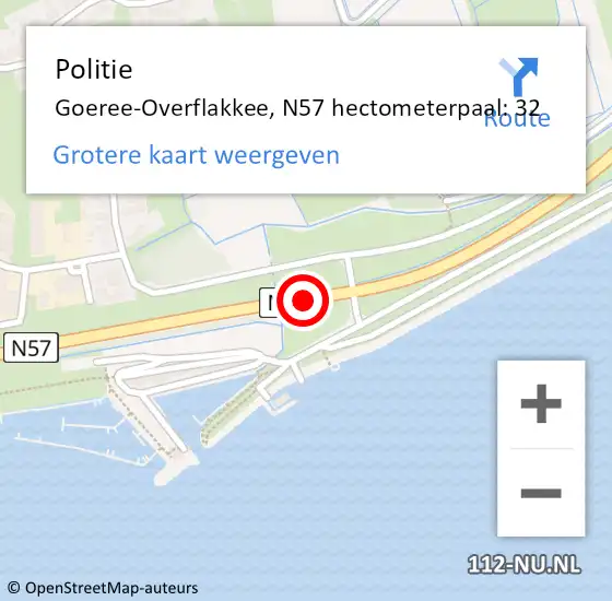 Locatie op kaart van de 112 melding: Politie Goeree-Overflakkee, N57 hectometerpaal: 32 op 22 mei 2023 13:39