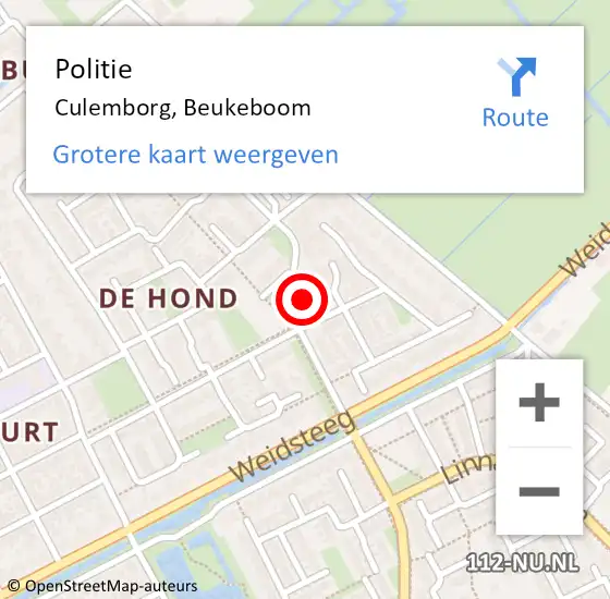 Locatie op kaart van de 112 melding: Politie Culemborg, Beukeboom op 22 mei 2023 13:46