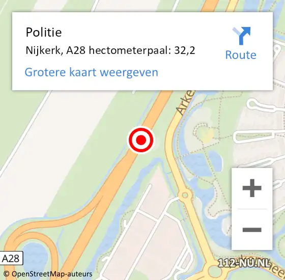 Locatie op kaart van de 112 melding: Politie Nijkerk, A28 hectometerpaal: 32,2 op 22 mei 2023 14:12