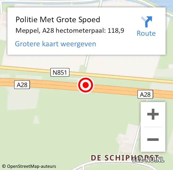 Locatie op kaart van de 112 melding: Politie Met Grote Spoed Naar Meppel, A28 hectometerpaal: 118,9 op 22 mei 2023 14:30