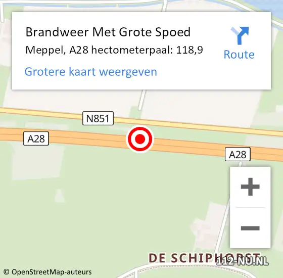 Locatie op kaart van de 112 melding: Brandweer Met Grote Spoed Naar Meppel, A28 hectometerpaal: 118,9 op 22 mei 2023 14:31