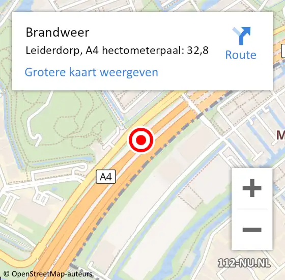 Locatie op kaart van de 112 melding: Brandweer Leiderdorp, A4 hectometerpaal: 32,8 op 22 mei 2023 14:57