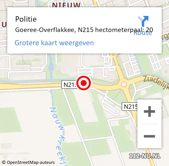 Locatie op kaart van de 112 melding: Politie Goeree-Overflakkee, N215 hectometerpaal: 20 op 22 mei 2023 15:33