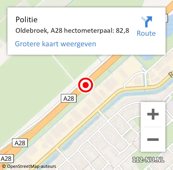 Locatie op kaart van de 112 melding: Politie Oldebroek, A28 hectometerpaal: 82,8 op 22 mei 2023 15:49