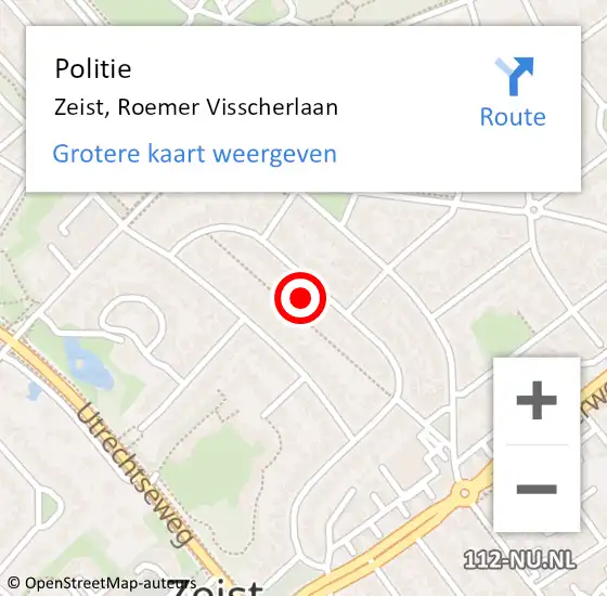 Locatie op kaart van de 112 melding: Politie Zeist, Roemer Visscherlaan op 22 mei 2023 16:20