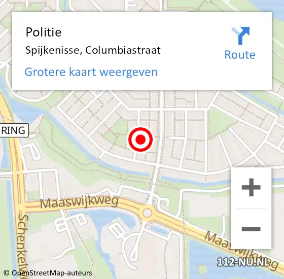 Locatie op kaart van de 112 melding: Politie Spijkenisse, Columbiastraat op 22 mei 2023 16:59