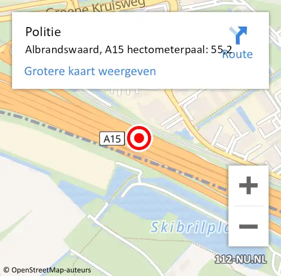 Locatie op kaart van de 112 melding: Politie Albrandswaard, A15 hectometerpaal: 55,2 op 22 mei 2023 17:00